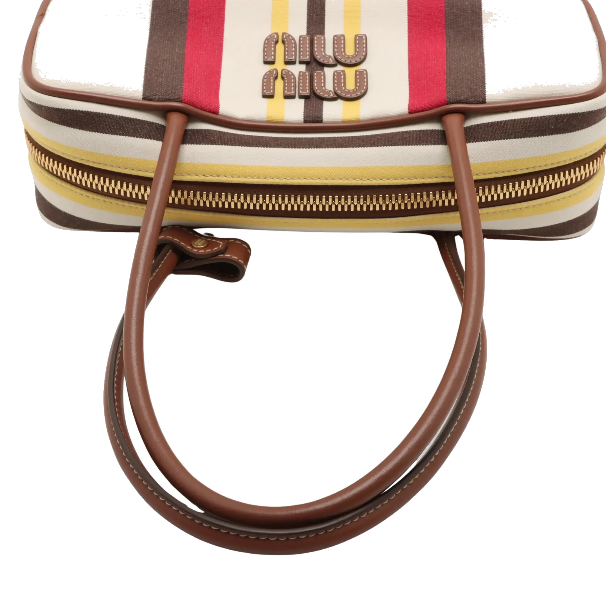 Pre-Loved Bowling Bag Handbag Striped Canvas Small with Gold Hardware, Beige Multicolor