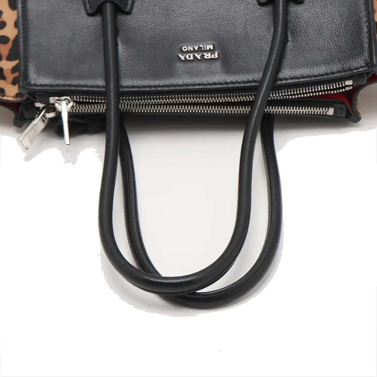Pre-Loved Twin Pocket Tote Tote Leopard Leather Small with Silver Hardware, Black