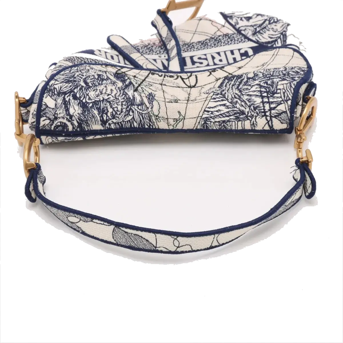 Pre-Loved Saddle Shoulder Bag Toile de Jouy Canvas Medium with Aged Gold Hardware, Beige and Blue