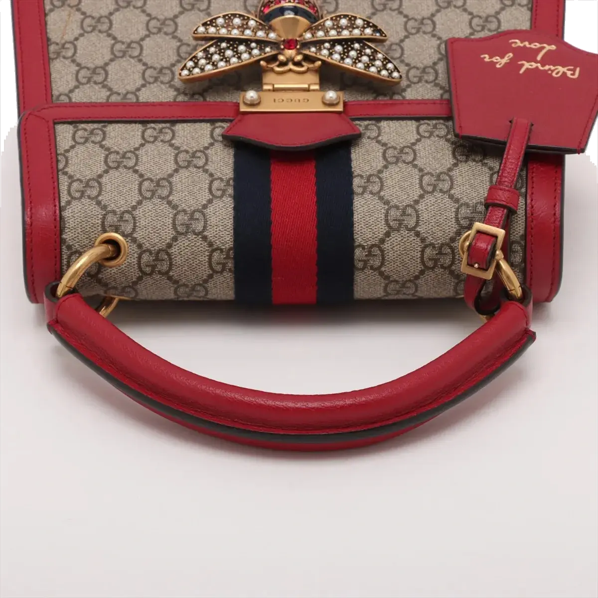 Pre-Loved Queen Margaret Handbag Monogram Coated Canvas Small with Aged Gold Hardware, Beige Ebony Red