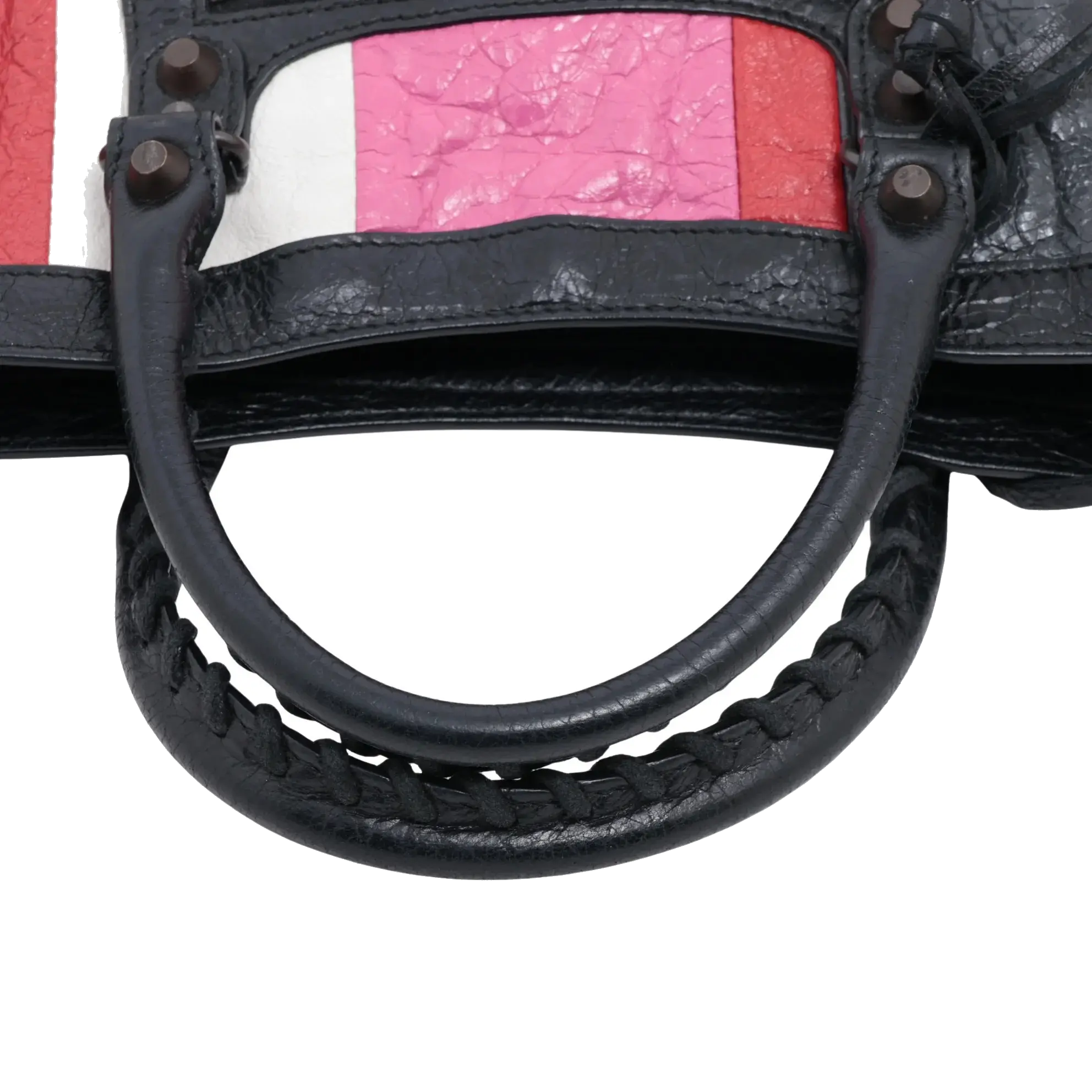 Pre-Loved Classic City Handbag Striped Leather Small with Aged Bronze Hardware, Black, White, Pink, Red