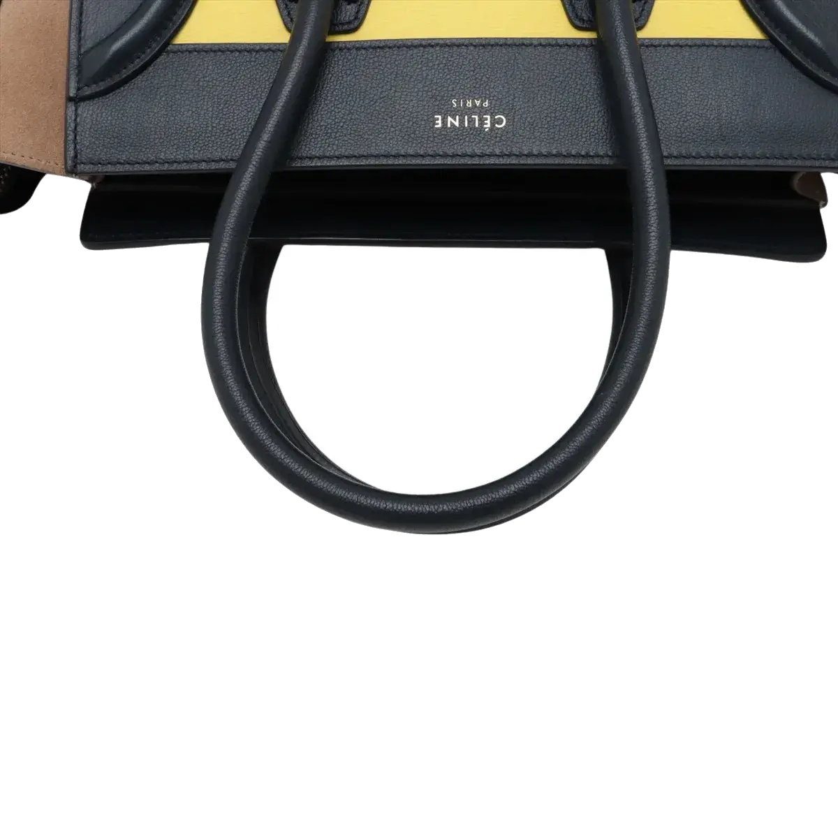 Pre-Loved Luggage Tote Leather Micro with Rose Gold Hardware, Navy, Yellow, and Beige