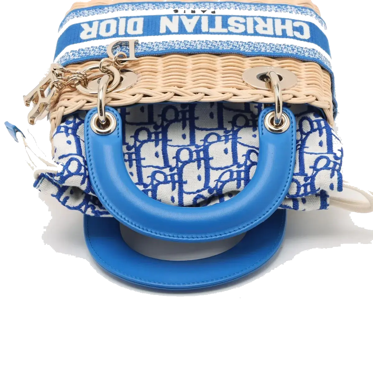 Pre-Loved Lady Dior Handbag Wicker Oblique Medium with Gold Hardware, Natural Beige and Blue