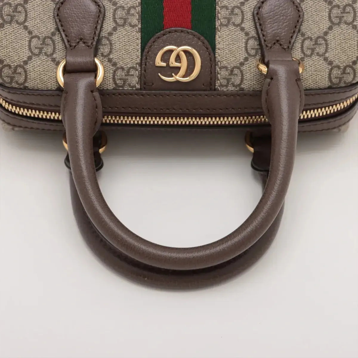 Pre-Loved Ophidia GG Mini Boston Handbag Monogram Coated Canvas Mini with Gold Hardware, Beige Ebony