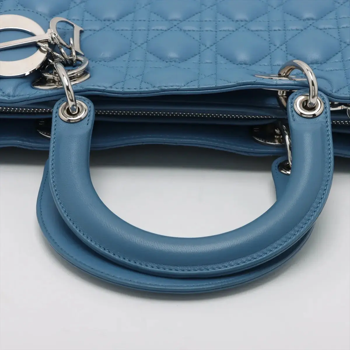 Pre-Loved Lady Dior Handbag Cannage Leather Large with Silver Hardware, Blue