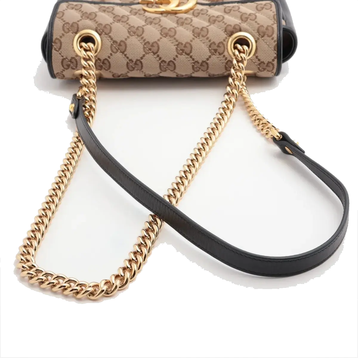 Pre-Loved GG Marmont Shoulder Bag Monogram Coated Canvas Mini with Gold Hardware, Beige / Ebony with Black Leather Trim