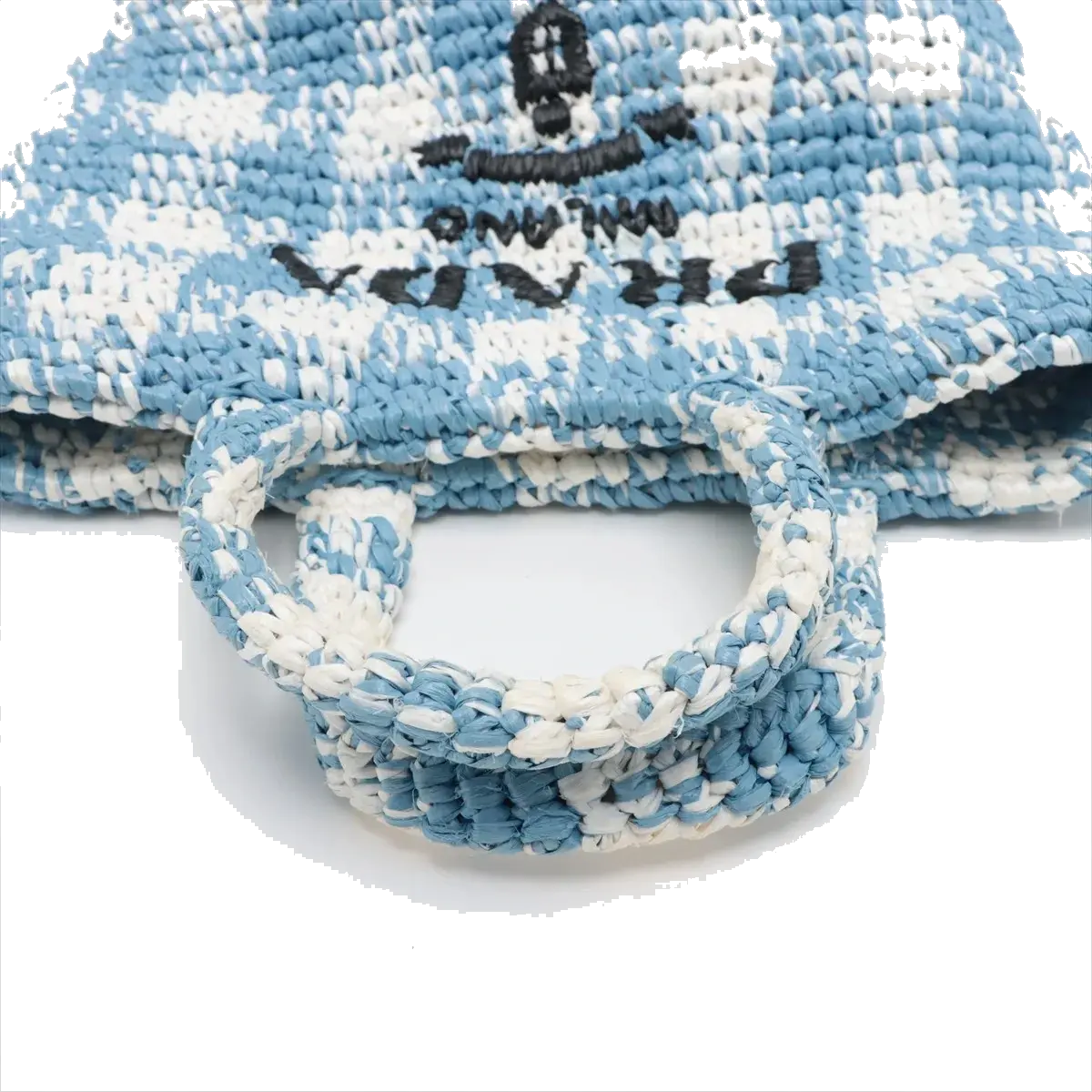 Pre-Loved Crochet Raffia Logo Tote Gingham Raffia Small with Gold Hardware, Light Blue and White