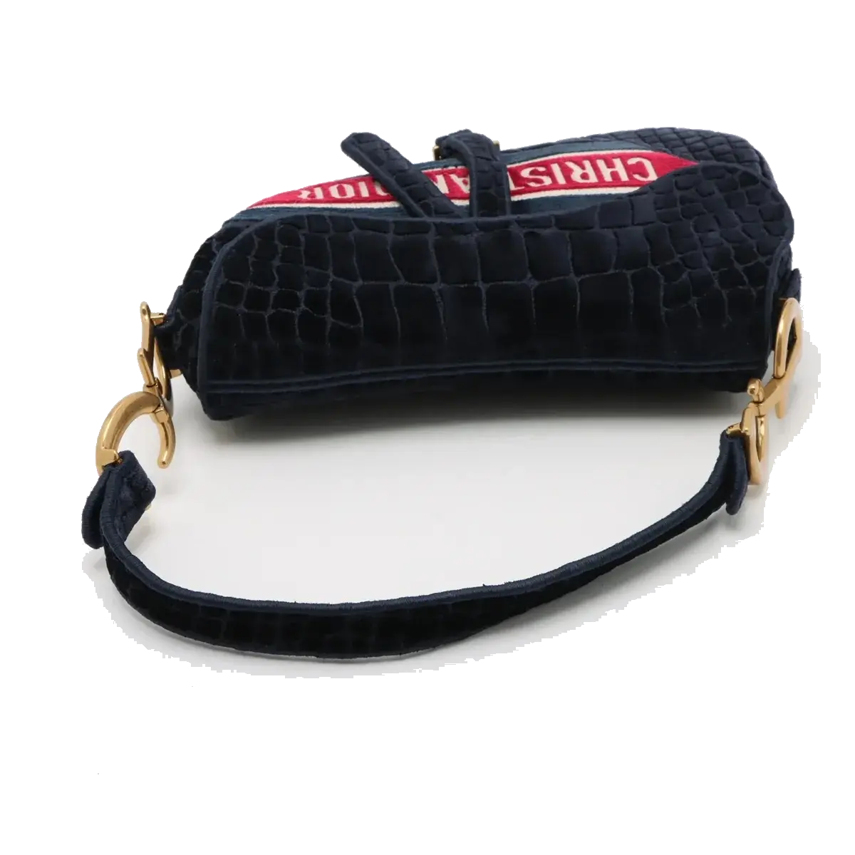 Pre-Loved Saddle Shoulder Bag Crocodile Embossed Velvet Mini with Aged Gold Hardware, Navy