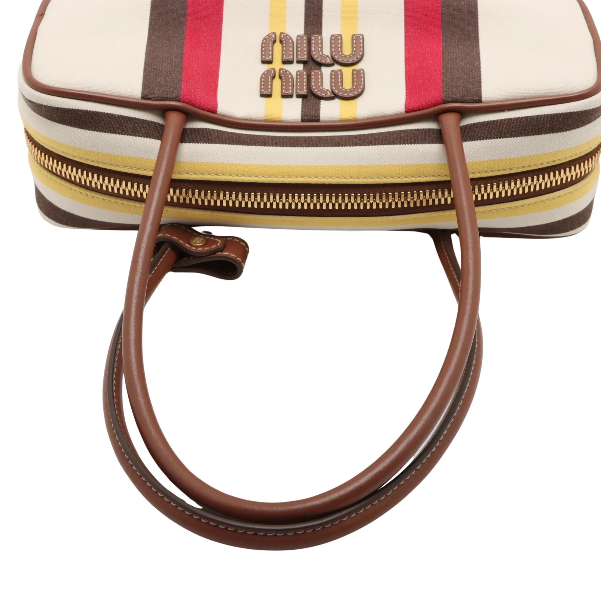 Pre-Loved Bowling Bag Handbag Striped Canvas Small with Gold Hardware, Beige Multicolor