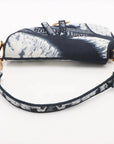 Pre-Loved Saddle Shoulder Bag Toile de Jouy Canvas Mini with Aged Gold Hardware, Navy Blue / White