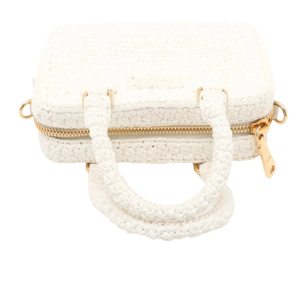 Pre-Loved Crochet Bowling Bag Handbag Crochet Raffia Mini with Gold Hardware, White