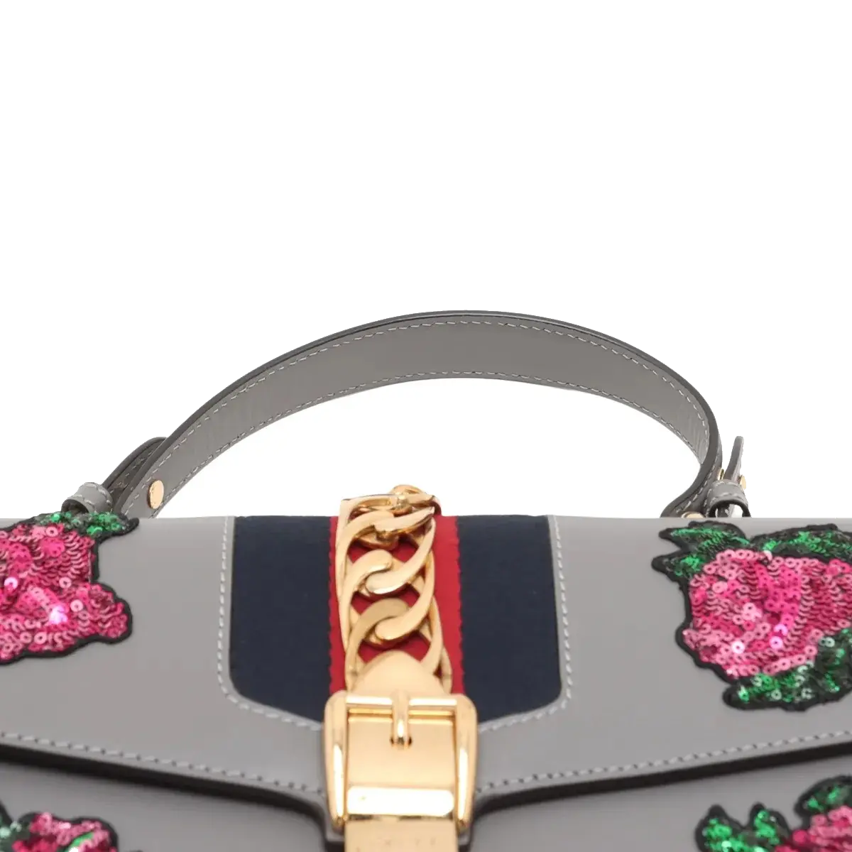 Pre-Loved Sylvie Handbag Floral Leather Medium with Gold Hardware, Gray