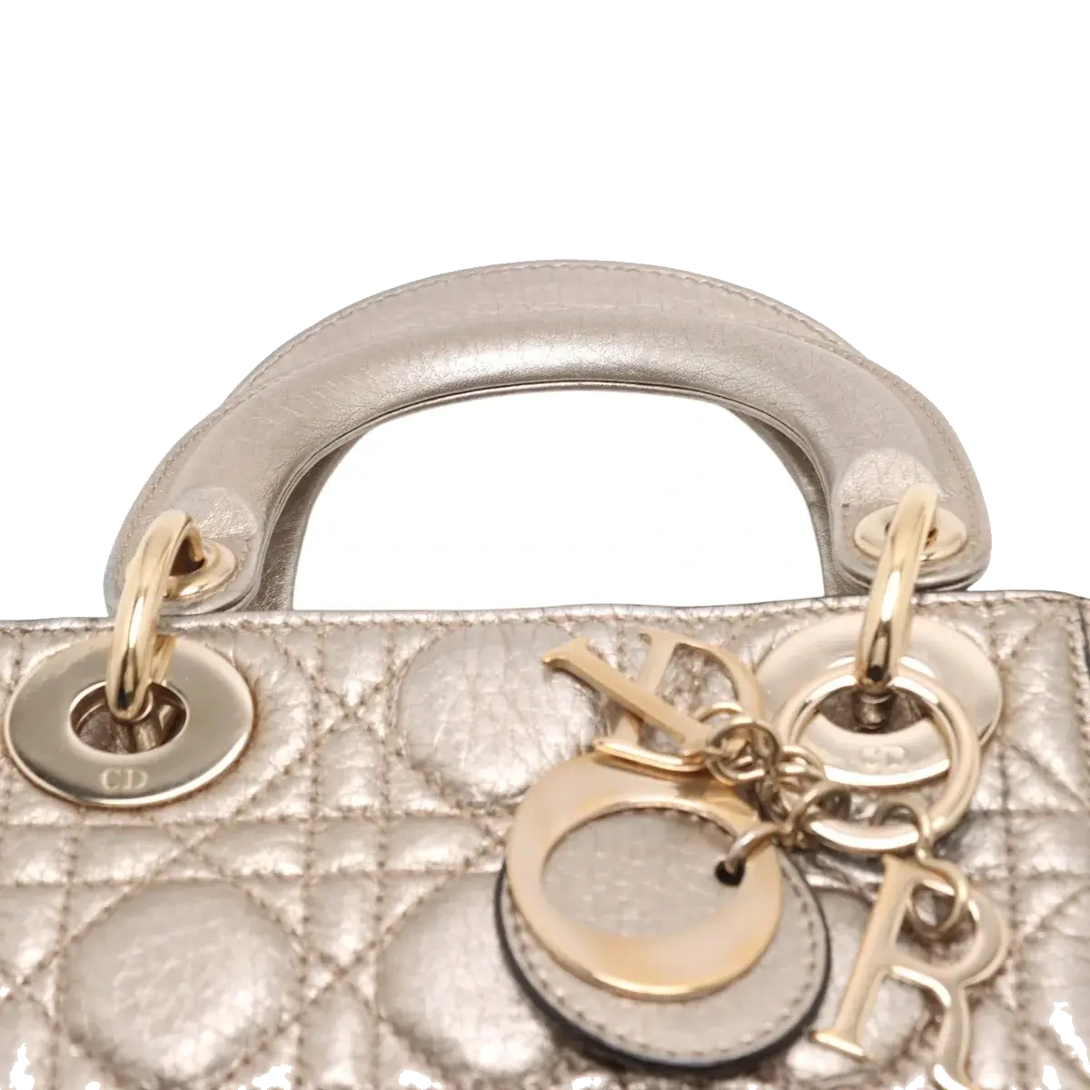 Pre-Loved Lady Dior Handbag Cannage Leather Mini with Gold Hardware, Metallic Champagne Gold