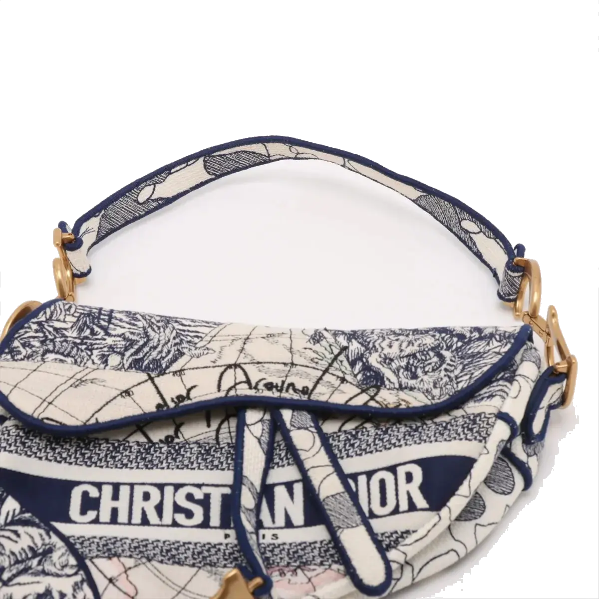 Pre-Loved Saddle Shoulder Bag Toile de Jouy Canvas Medium with Aged Gold Hardware, Beige and Blue