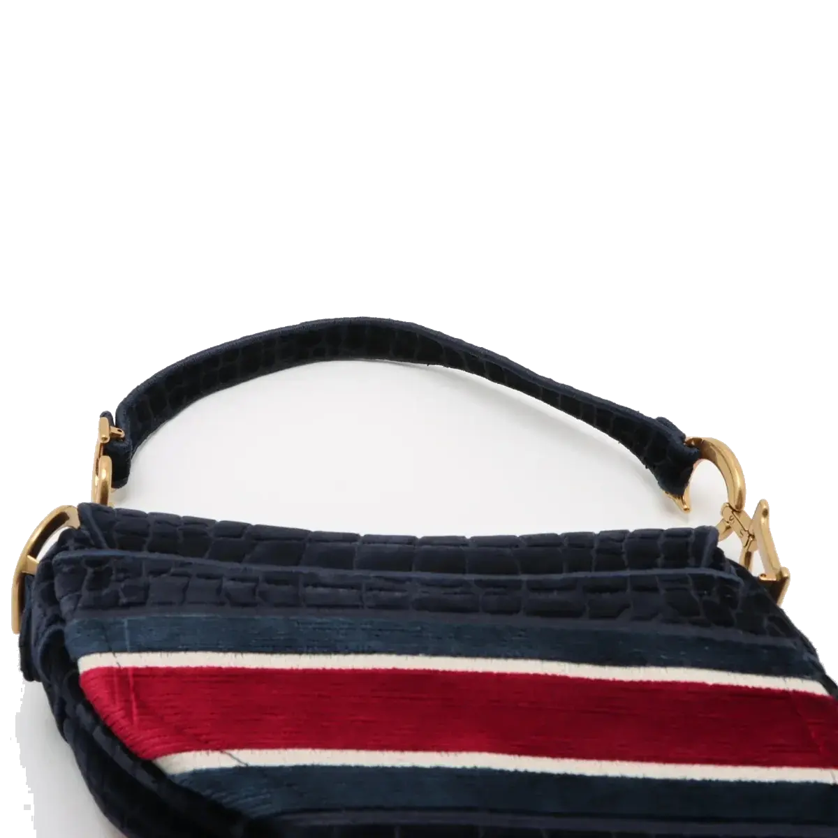 Pre-Loved Saddle Shoulder Bag Crocodile Embossed Velvet Mini with Aged Gold Hardware, Navy