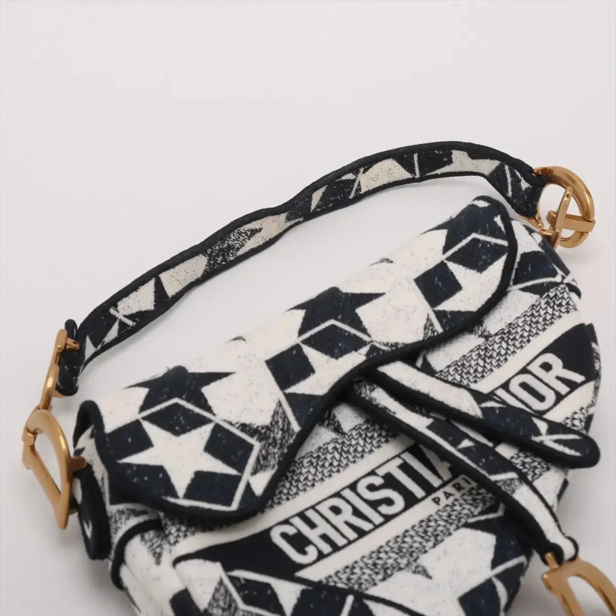 Pre-Loved Saddle Shoulder Bag Star Canvas Medium with Aged Gold Hardware, Navy and White