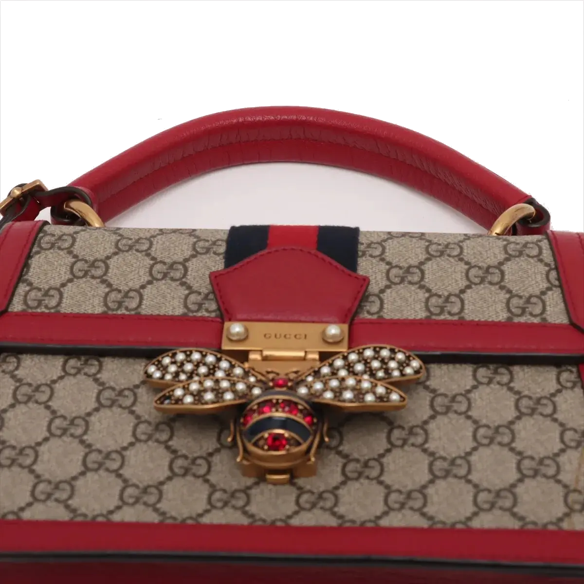 Pre-Loved Queen Margaret Handbag Monogram Coated Canvas Small with Aged Gold Hardware, Beige Ebony Red