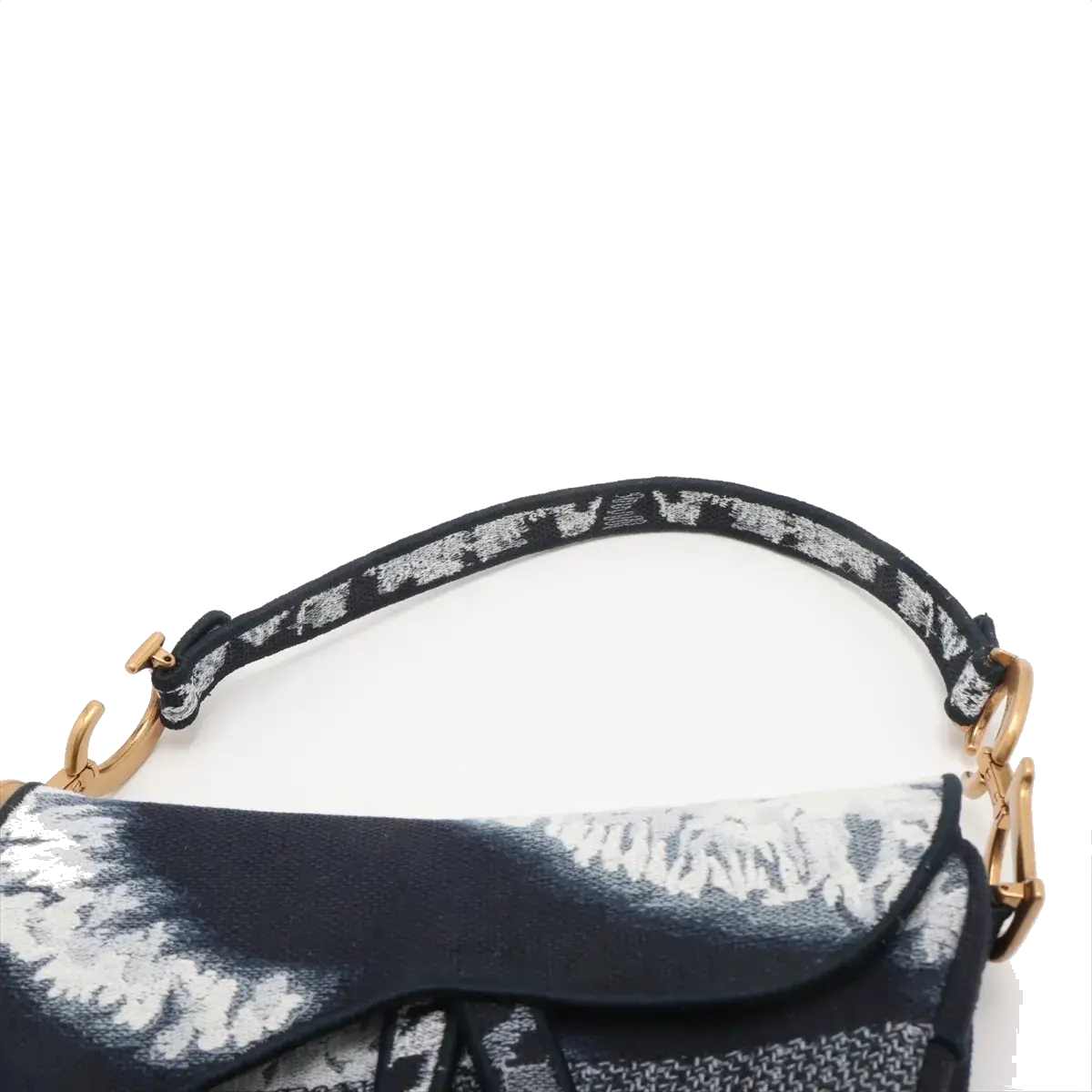 Pre-Loved Saddle Shoulder Bag Toile de Jouy Canvas Mini with Aged Gold Hardware, Navy Blue / White