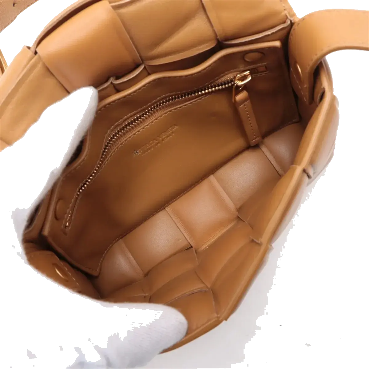 Pre-Loved Padded Cassette Crossbody Bag Intrecciato Leather Small with Gold Hardware, Tan