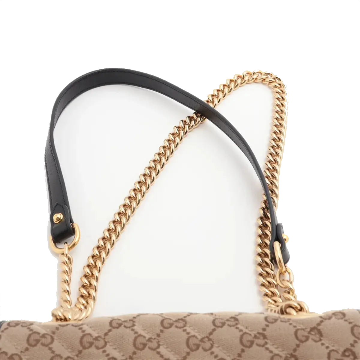 Pre-Loved GG Marmont Shoulder Bag Monogram Coated Canvas Mini with Gold Hardware, Beige / Ebony with Black Leather Trim