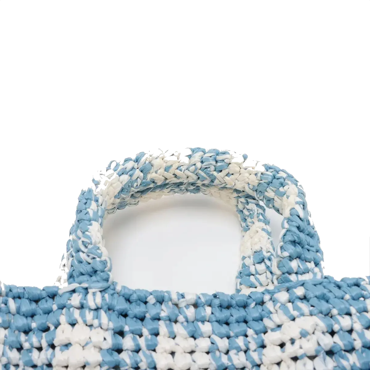 Pre-Loved Crochet Raffia Logo Tote Gingham Raffia Small with Gold Hardware, Light Blue and White