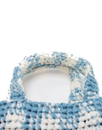 Pre-Loved Crochet Raffia Logo Tote Gingham Raffia Small with Gold Hardware, Light Blue and White