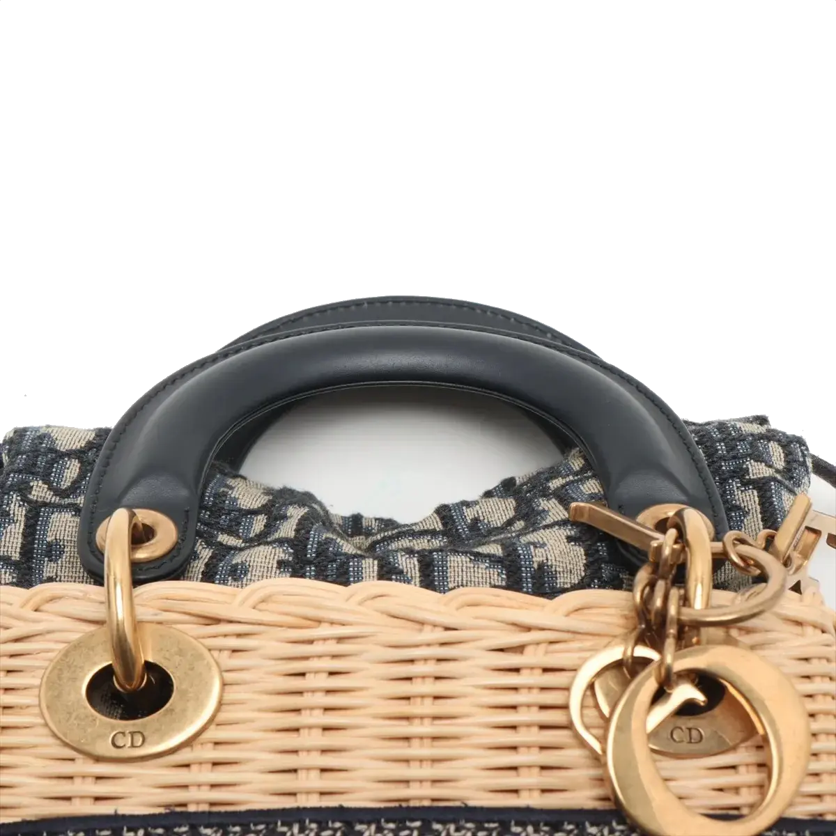 Pre-Loved Lady Dior Wicker Handbag Wicker Oblique Medium with Aged Gold Hardware, Natural / Navy