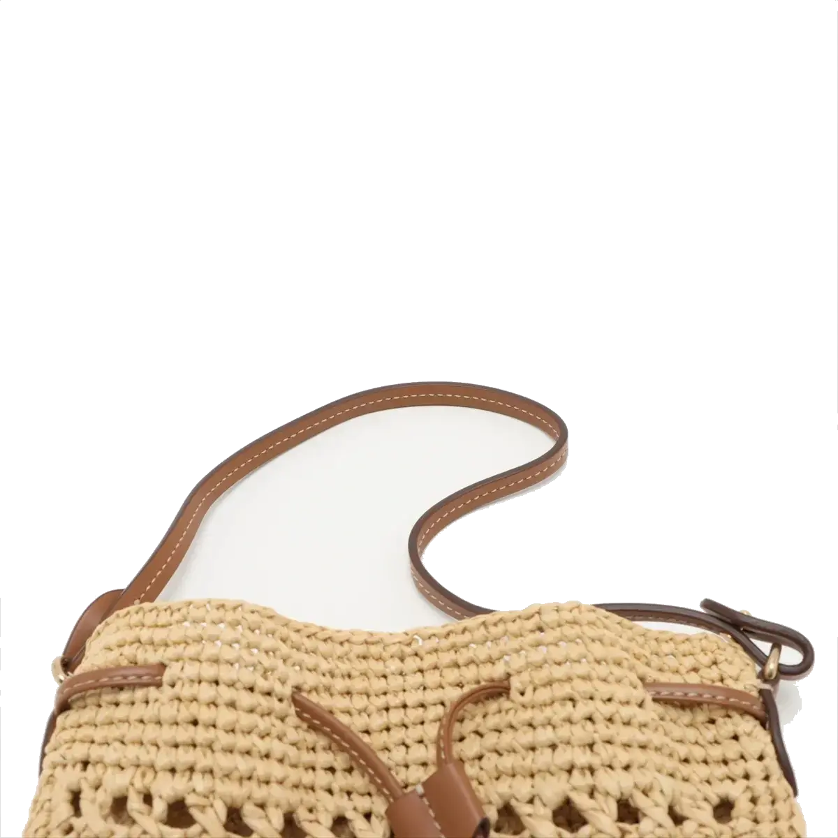 Pre-Loved Drawstring Bucket Bag Crochet Raffia with Gold Hardware, Natural Beige