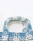Pre-Loved Crochet Raffia Logo Tote Gingham Raffia Small with Gold Hardware, Light Blue and White