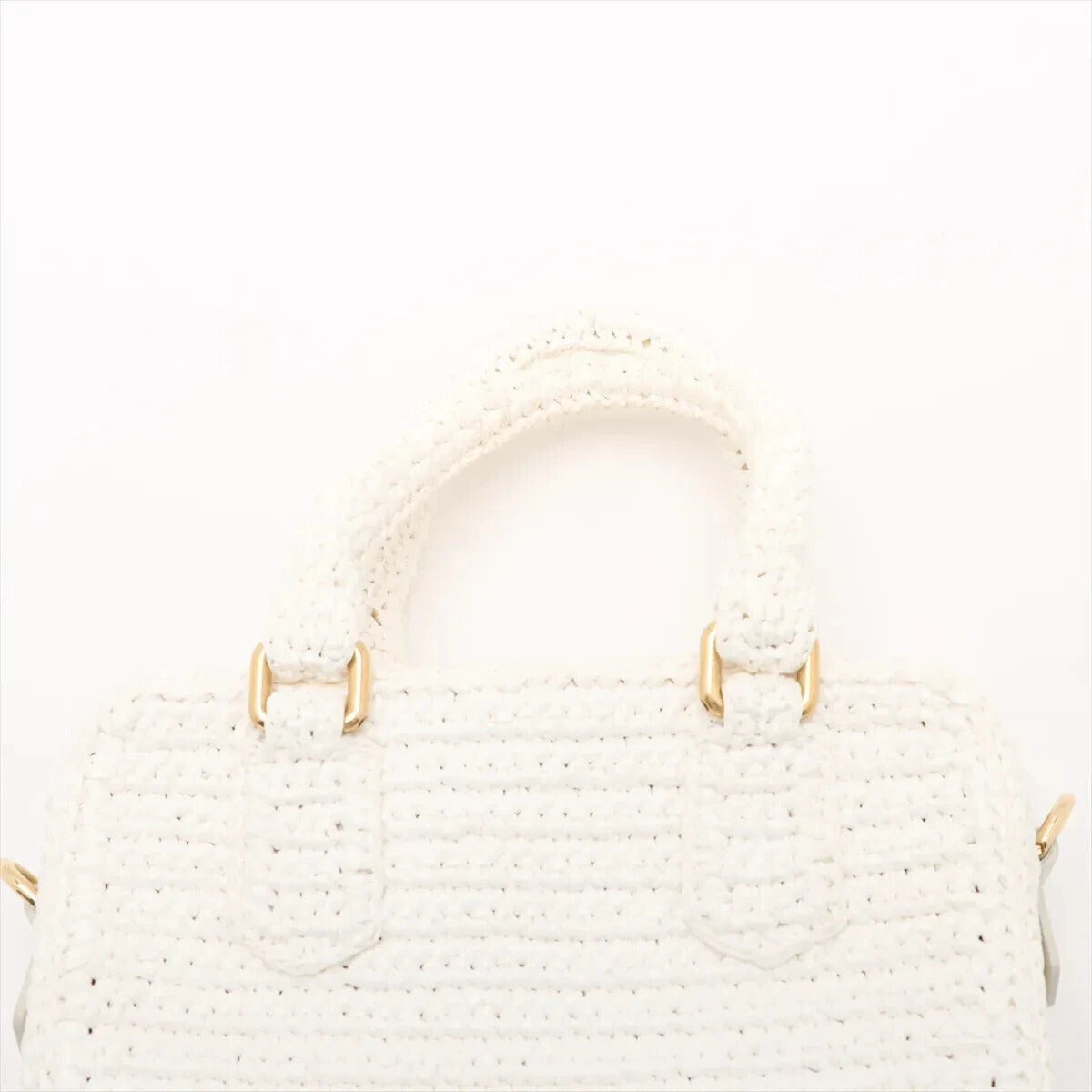 Pre-Loved Crochet Bowling Bag Handbag Crochet Raffia Mini with Gold Hardware, White