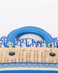 Pre-Loved Lady Dior Handbag Wicker Oblique Medium with Gold Hardware, Natural Beige and Blue