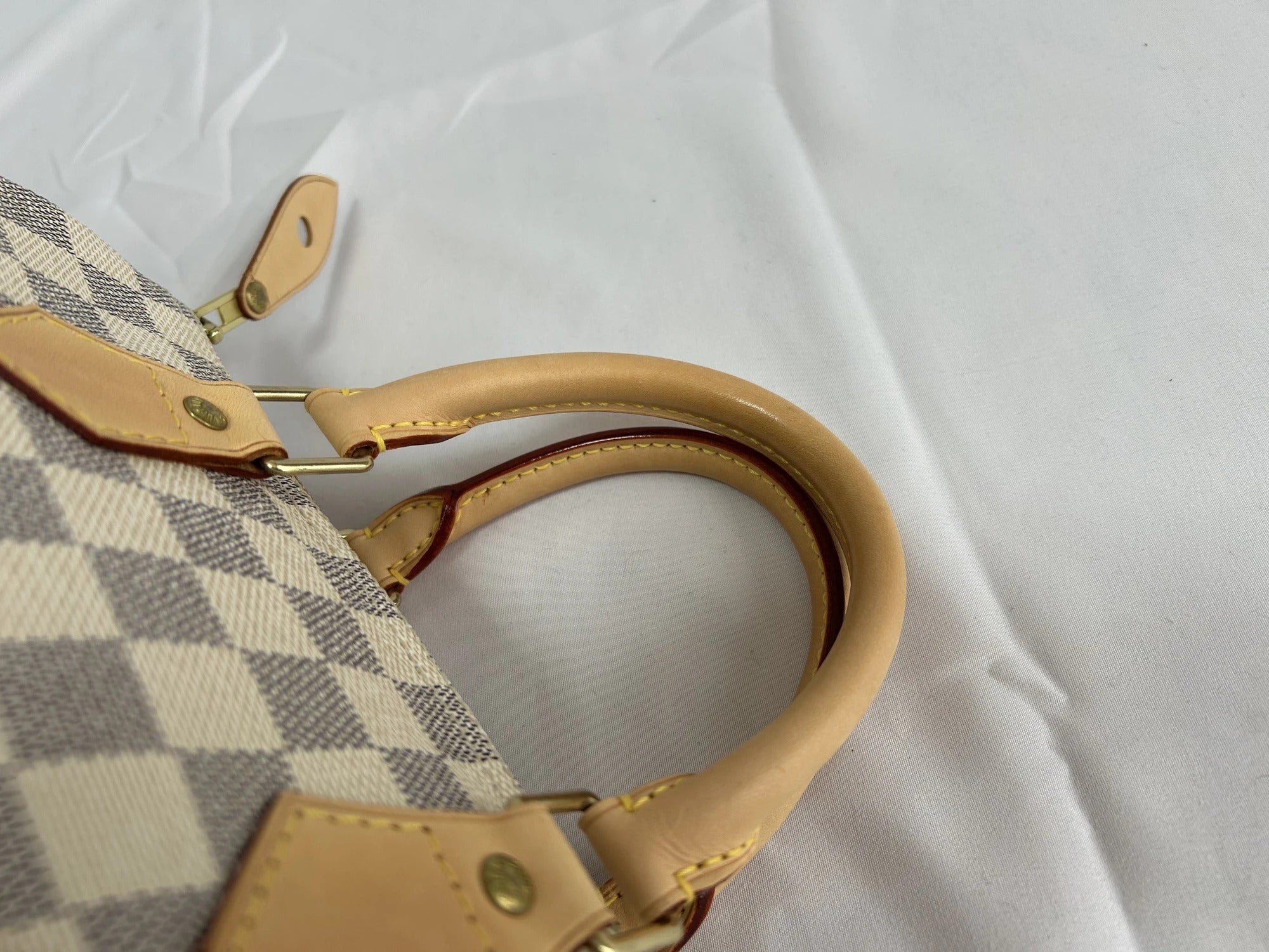 Pre-Loved Speedy Handbag Damier Azur Coated Canvas 25 with Gold Hardware, Cream