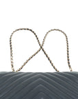 Pre-Loved Chevron Flap Bag Shoulder Bag Chevron Leather Small with Gold Hardware, Navy Blue