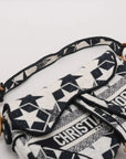 Pre-Loved Saddle Shoulder Bag Star Canvas Medium with Aged Gold Hardware, Navy and White