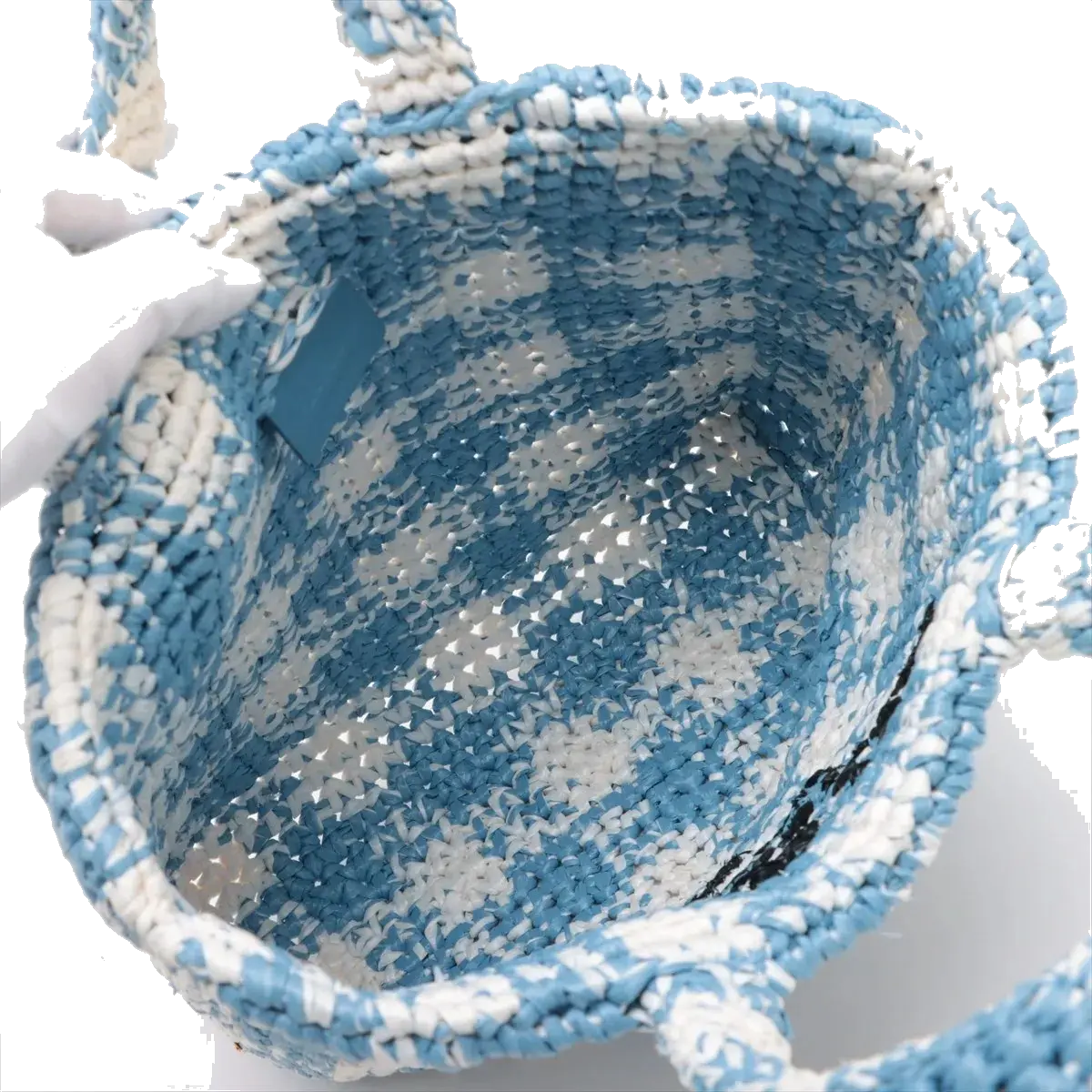 Pre-Loved Crochet Raffia Logo Tote Gingham Raffia Small with Gold Hardware, Light Blue and White
