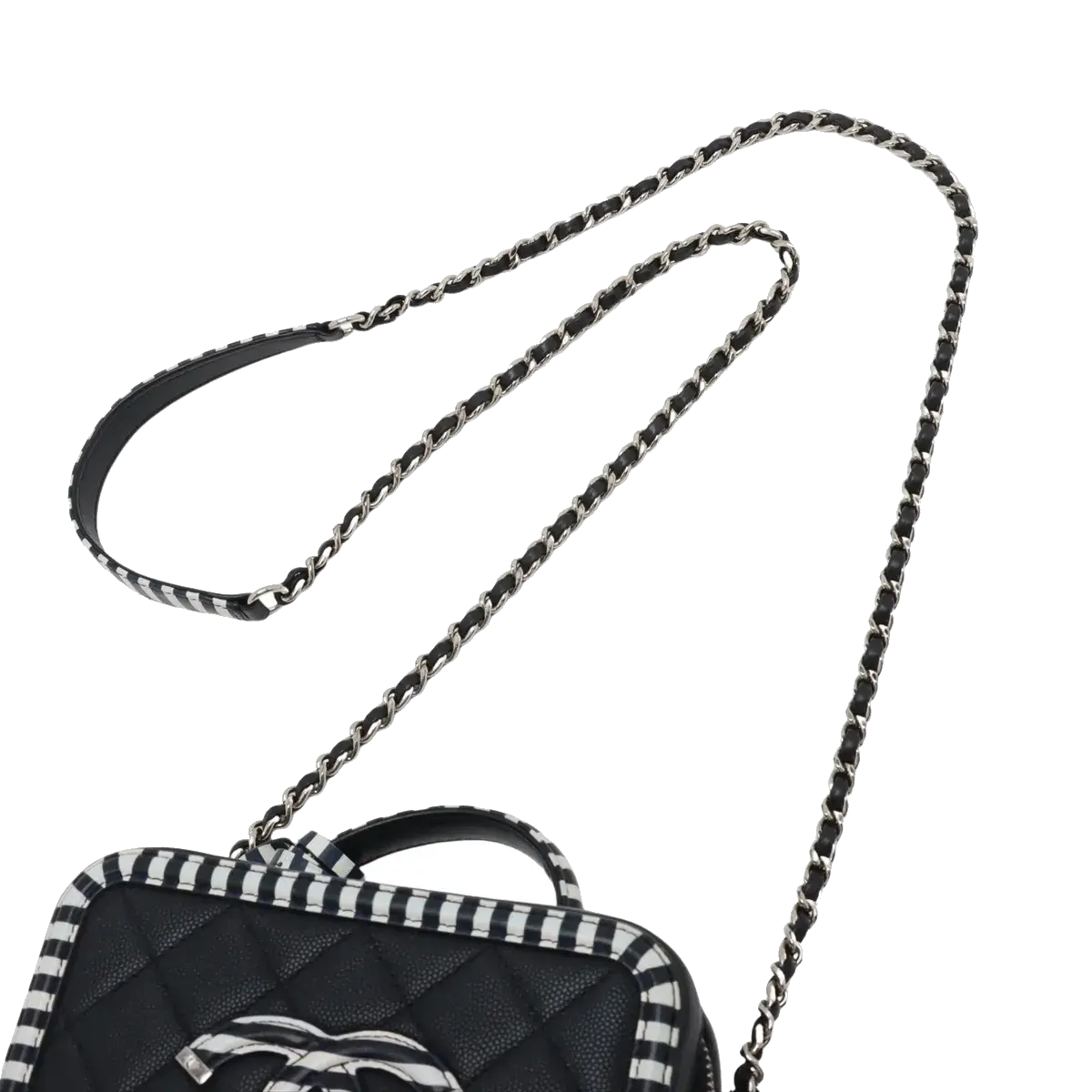 Pre-Loved CC Filigree Vanity Case Vanity Case Quilted Leather Small with Silver Hardware, Navy Blue with White Striped Trim