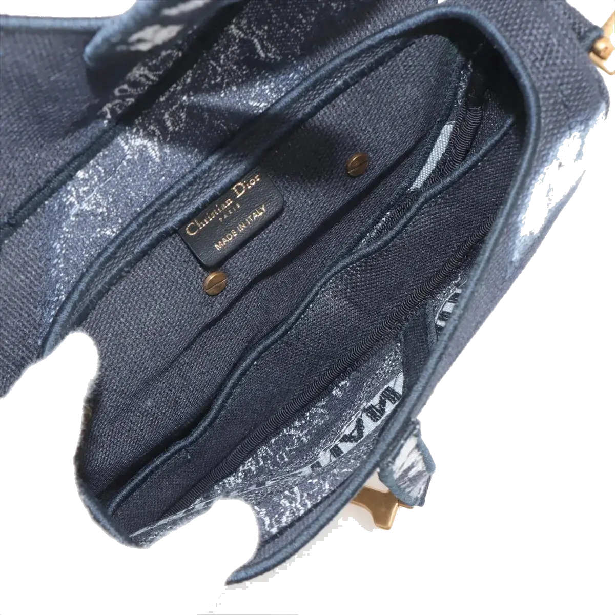 Pre-Loved Saddle Shoulder Bag Toile de Jouy Canvas Mini with Aged Gold Hardware, Navy Blue / White