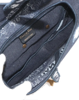 Pre-Loved Saddle Shoulder Bag Toile de Jouy Canvas Mini with Aged Gold Hardware, Navy Blue / White