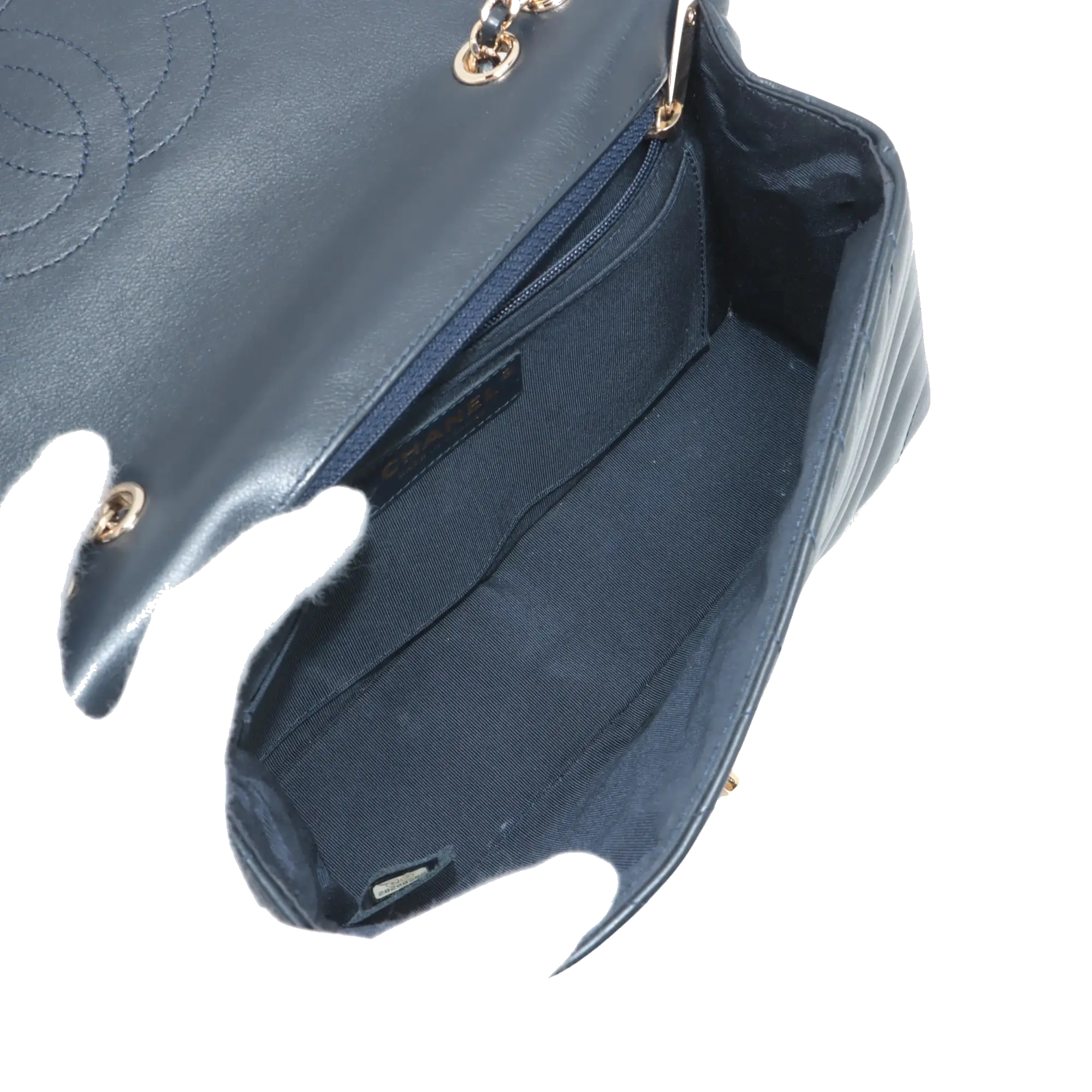 Pre-Loved Chevron Flap Bag Shoulder Bag Chevron Leather Small with Gold Hardware, Navy Blue