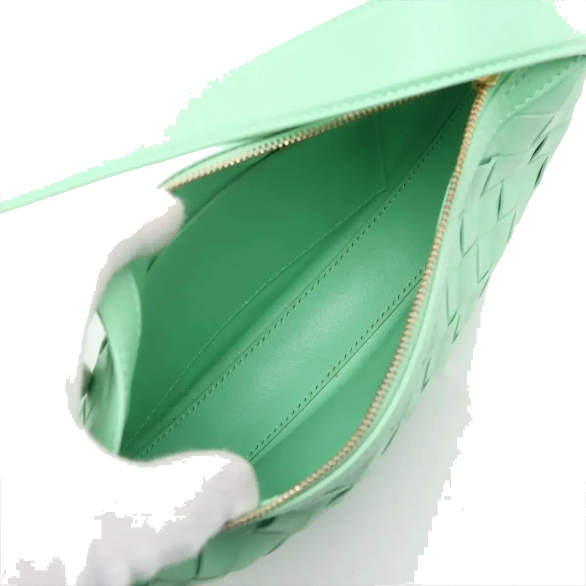 Pre-Loved Sunrise Shoulder Bag Intrecciato Leather Small with Gold Hardware, Mint Green