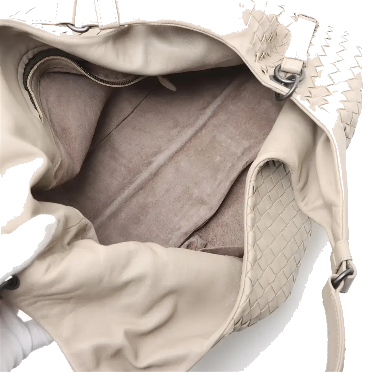 Pre-Loved Campana Shoulder Bag Intrecciato Leather with Gunmetal Hardware, Beige