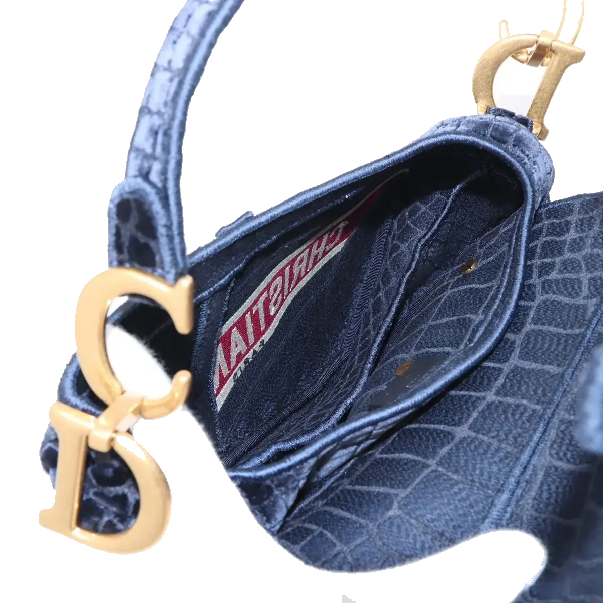 Pre-Loved Saddle Shoulder Bag Crocodile Embossed Velvet Mini with Aged Gold Hardware, Navy