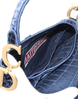 Pre-Loved Saddle Shoulder Bag Crocodile Embossed Velvet Mini with Aged Gold Hardware, Navy