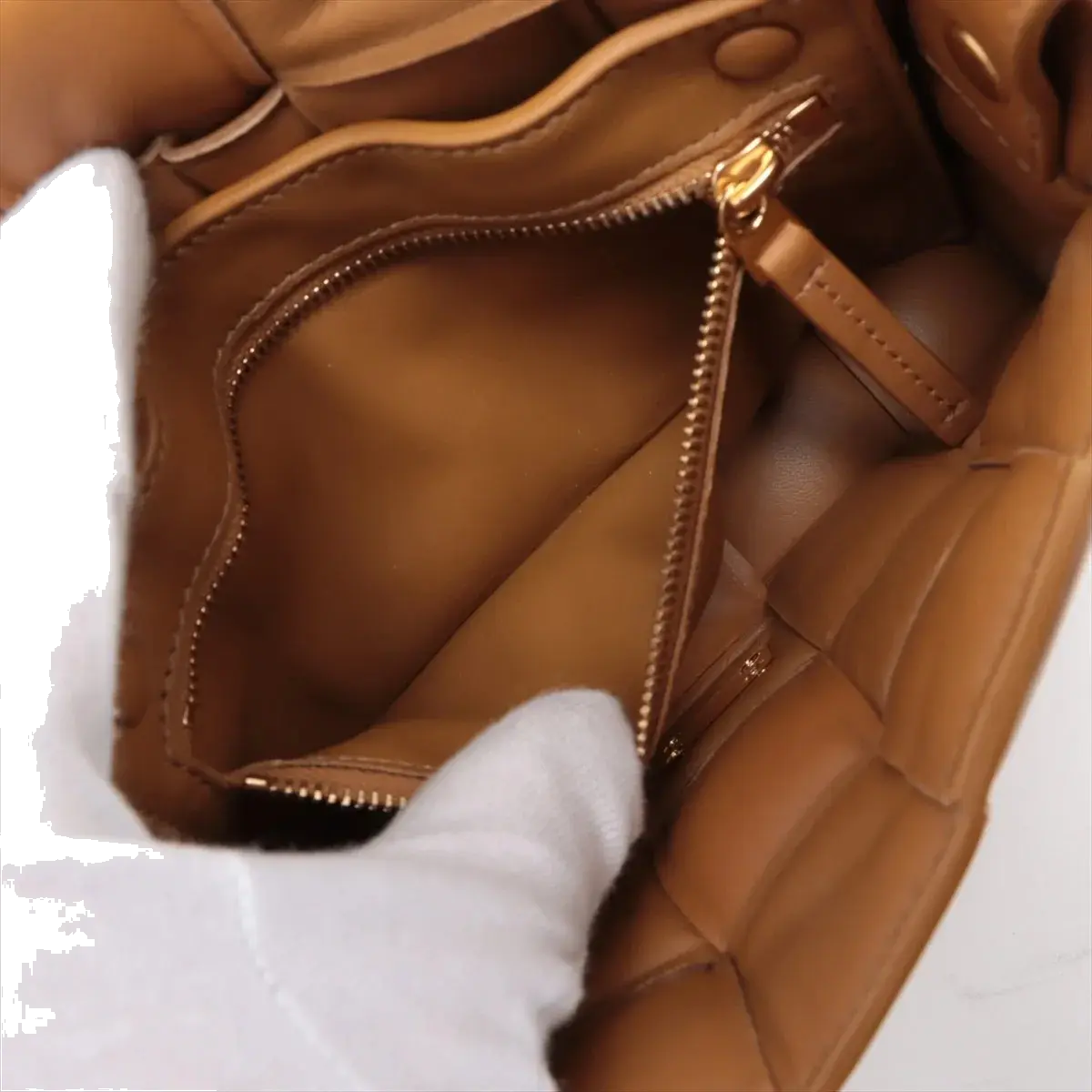 Pre-Loved Padded Cassette Crossbody Bag Intrecciato Leather Small with Gold Hardware, Tan