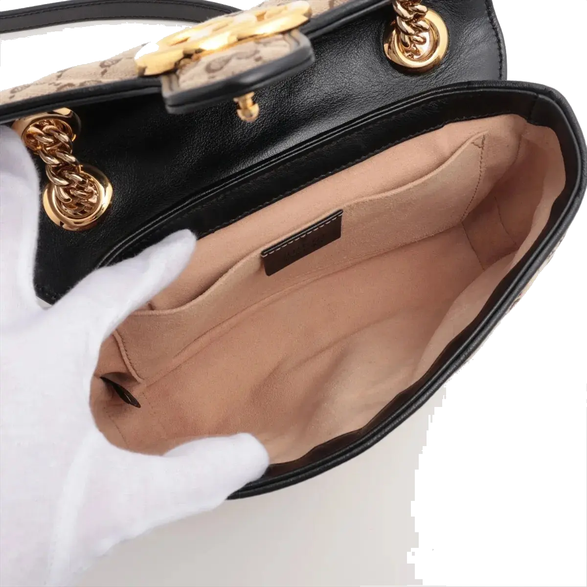 Pre-Loved GG Marmont Shoulder Bag Monogram Coated Canvas Mini with Gold Hardware, Beige / Ebony with Black Leather Trim