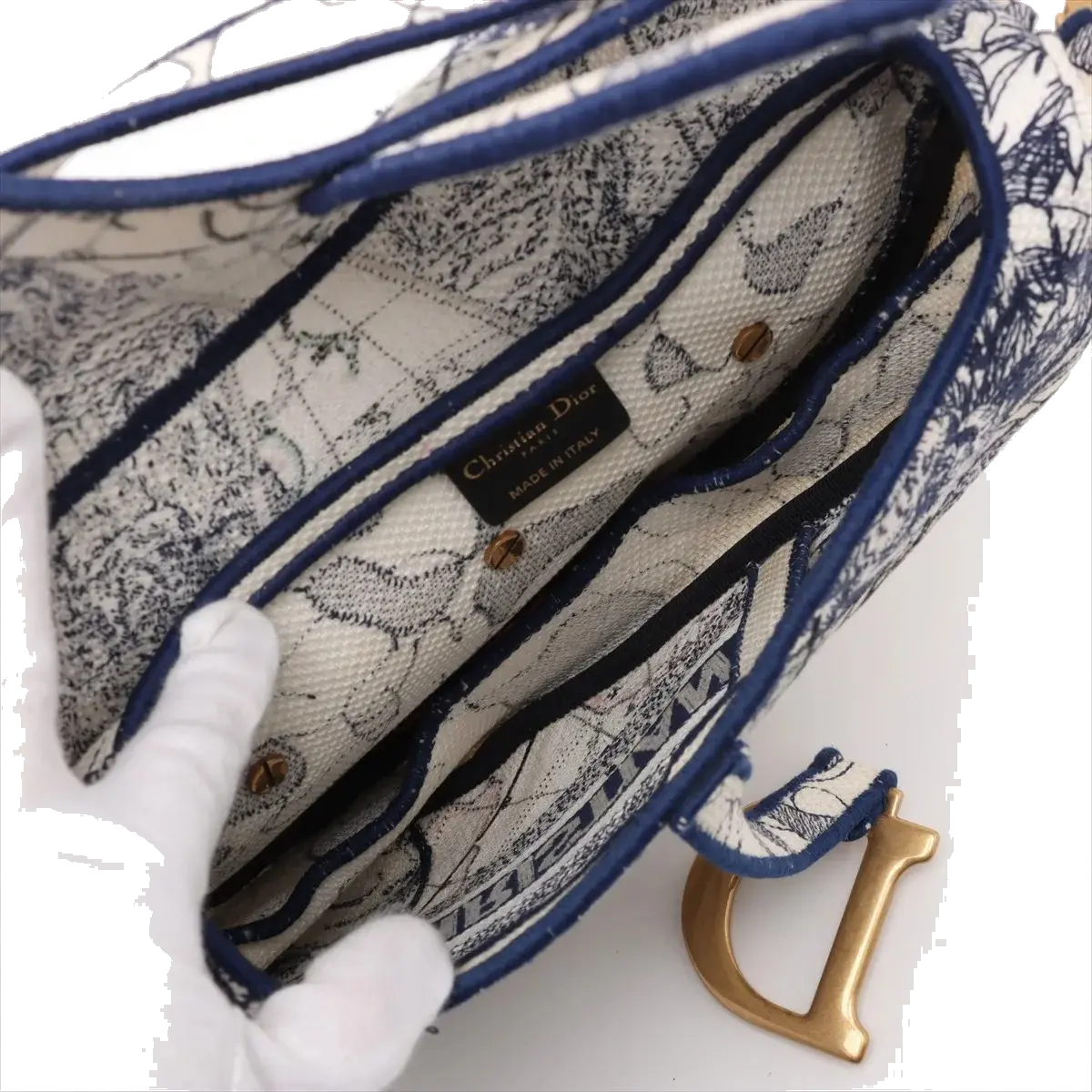 Pre-Loved Saddle Shoulder Bag Toile de Jouy Canvas Medium with Aged Gold Hardware, Beige and Blue