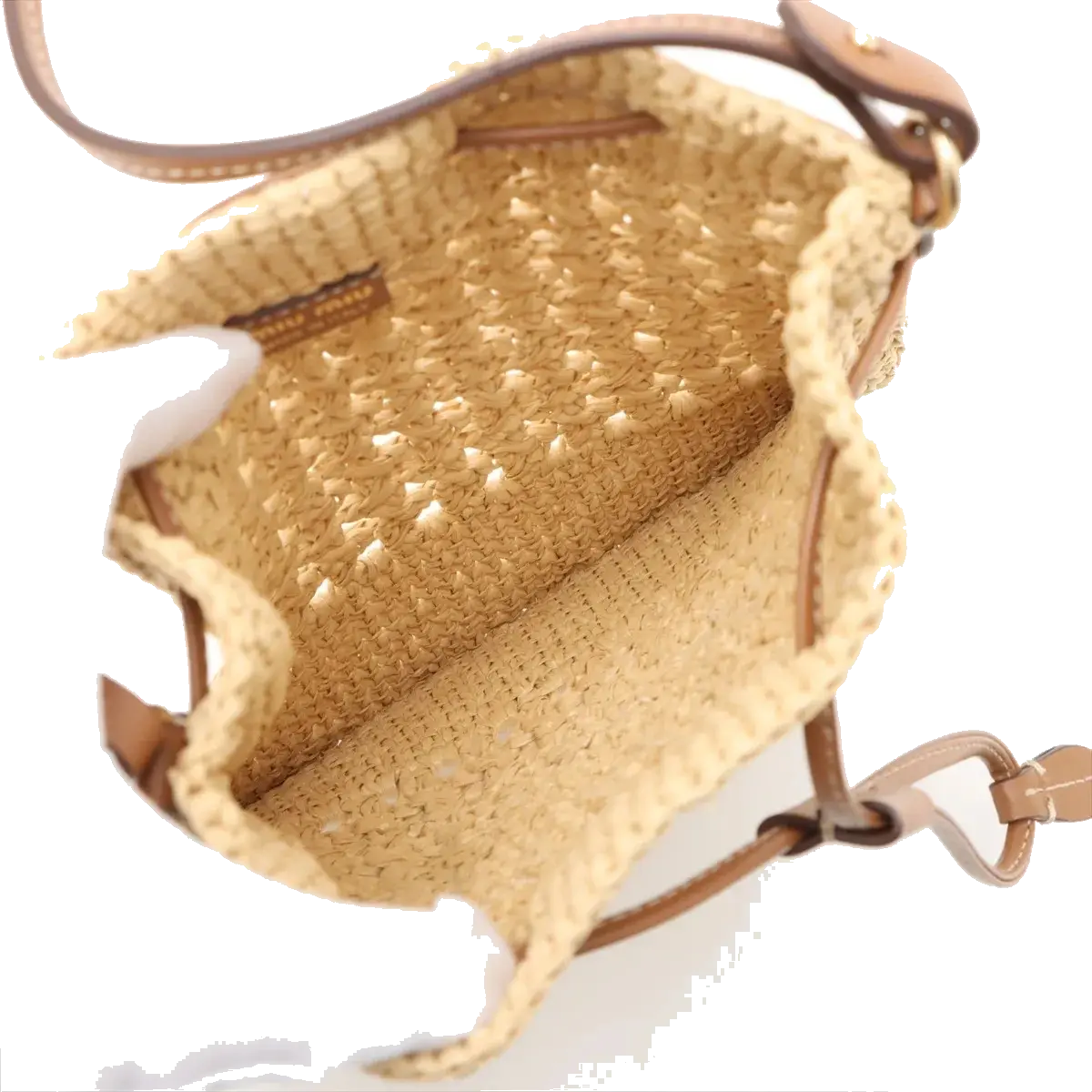 Pre-Loved Drawstring Bucket Bag Crochet Raffia with Gold Hardware, Natural Beige
