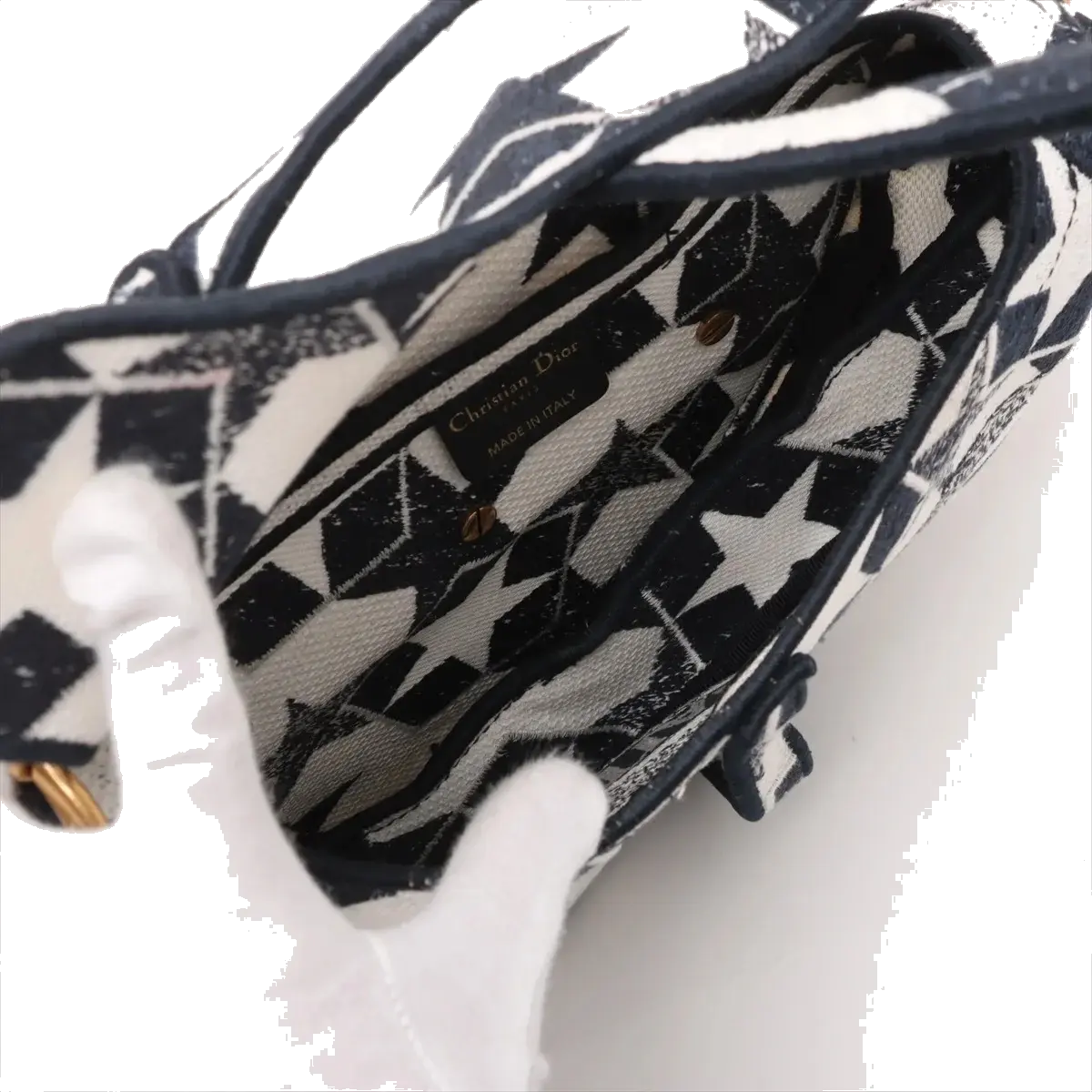 Pre-Loved Saddle Shoulder Bag Star Canvas Medium with Aged Gold Hardware, Navy and White