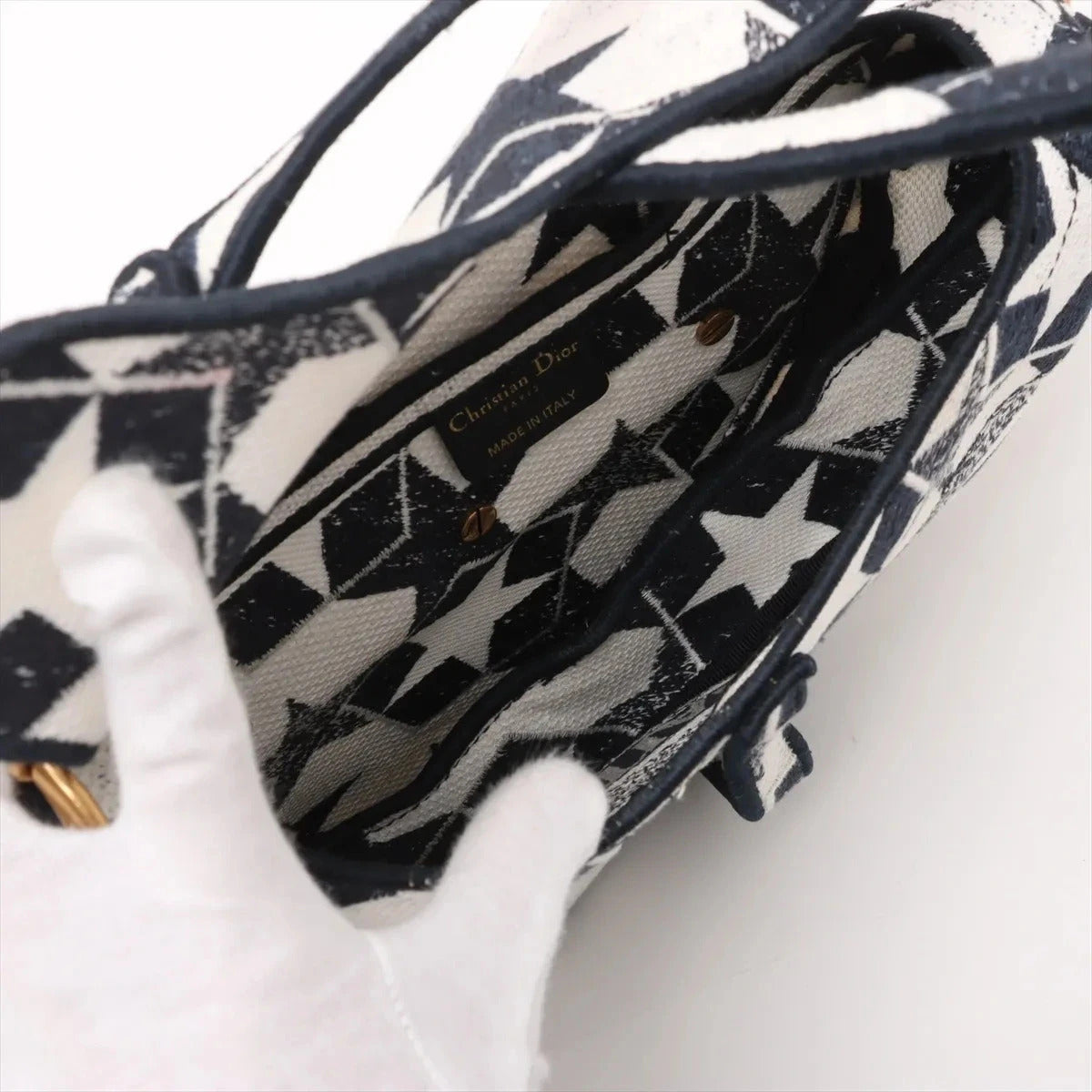 Pre-Loved Saddle Shoulder Bag Star Canvas Medium with Aged Gold Hardware, Navy and White