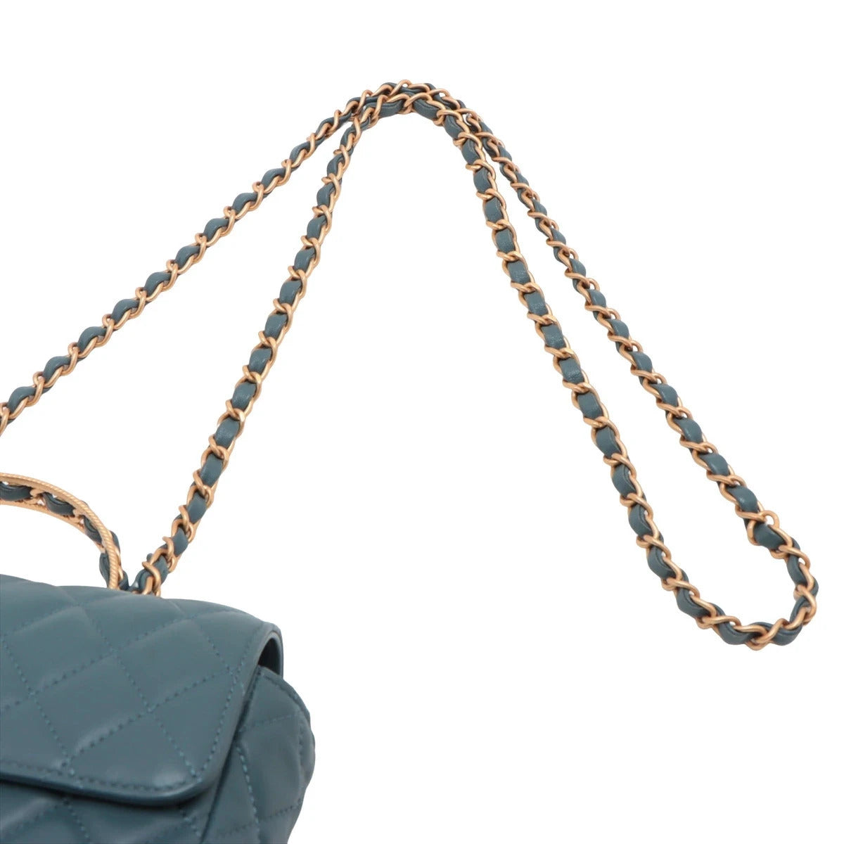 Pre-Loved Mini Flap Bag with Top Handle Handbag Quilted Leather Mini with Gold Hardware, Teal Blue